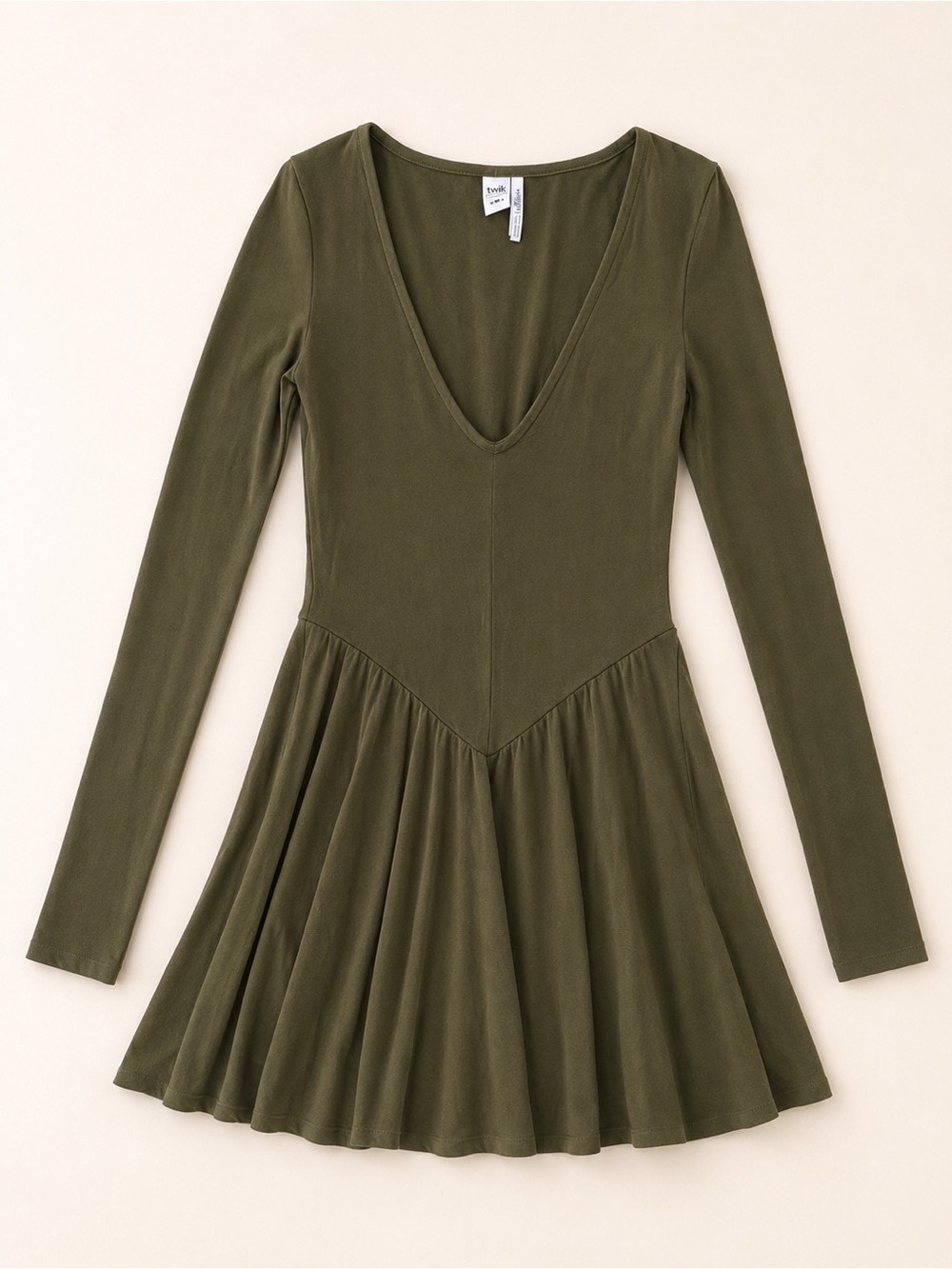 TWIK by Simone VISION Dark Olive V-Neck Long Sleeve Flared Skater-style Dress
